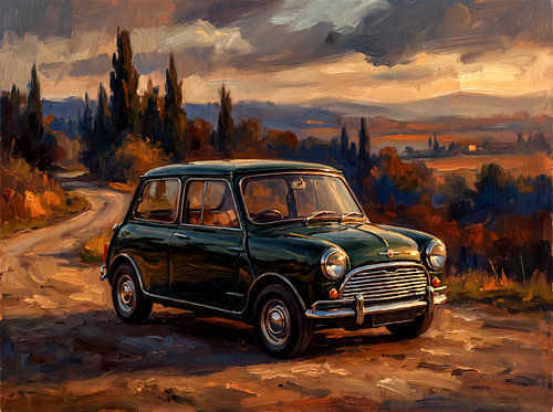 Mini Cooper on a Golden Tuscan Road