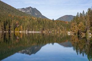 Berge mit Wald und Bäumen am Hintersee im Herbst