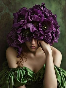 Vrouw met een paarse kroon van bloemen