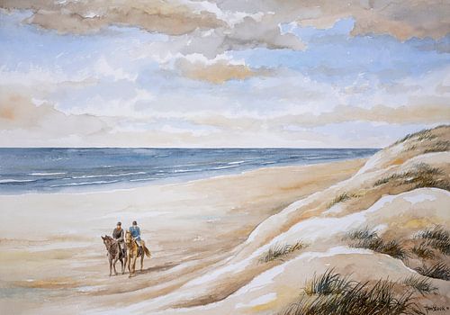 Two horsemen on the beach along the Dutch North Sea coast.