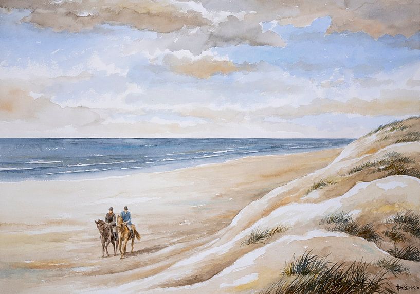 Zwei Reiter am Strand an der niederländischen Nordseeküste. von Galerie Ringoot