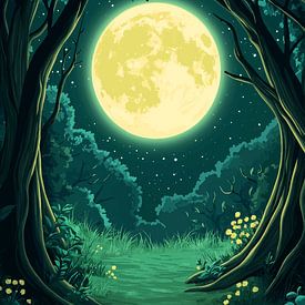 Volle maan boven een open plek in het bos bij nacht van Pixelbull Design