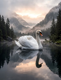 Weißer Schwan auf einem nebligen Bergsee von haroulita