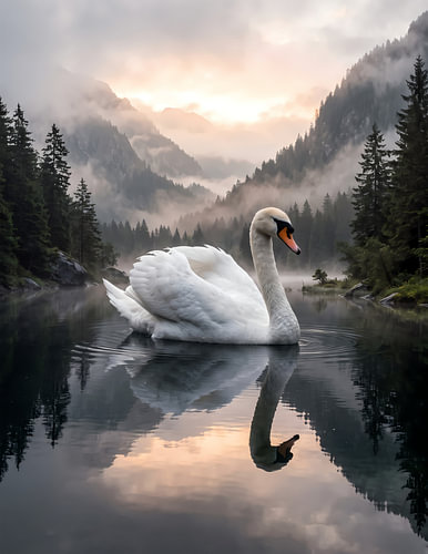 White Swan on a Misty Mountain Lake
