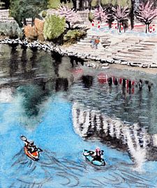 Kayakers on the Drau River near the stone steps, Villach, Carinthia by brushclicks