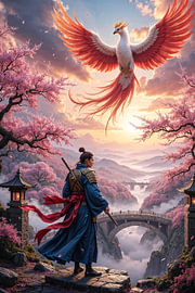 Fantasy Wall Art & Poster: KAZEON – The Samurai with His Magnificent Phoenix by INFERAURUM - Dark Fantasy Wall Art & Poster