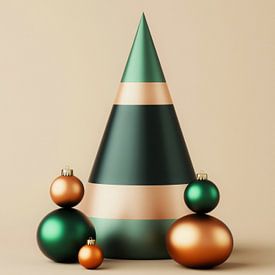Minimalist Christmas tree with green and copper ornaments for a modern festive atmosphere by But First Framing
