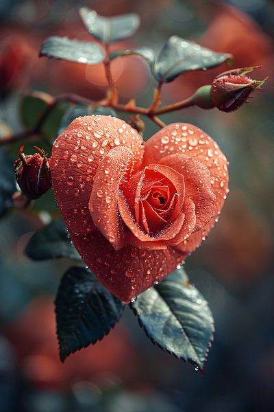 Rode roos in de vorm van een hart met dauwdruppels van Art & Soul Creations