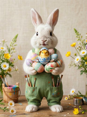 Adorable lapin de Pâques avec un poussin et des fleurs