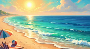 Strandtafereel met golven, zand en strandaccessoires van Markus Gann