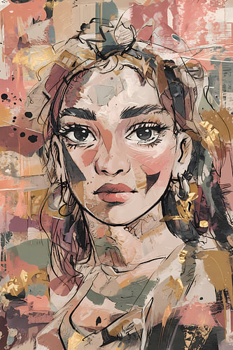 Mixed-media portrait, pink, green, blue and taupe