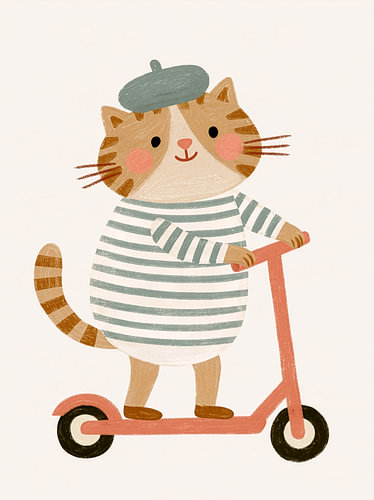 Katze auf einem rosa Roller mit Baskenmütze und Streifen