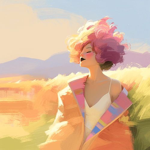 Femme aux cheveux roses dans un champ