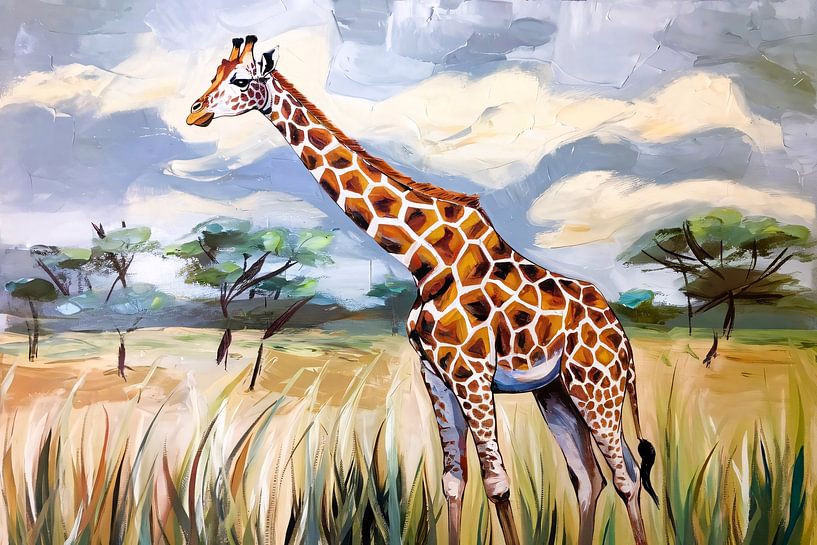 Giraffe schilderij in Afrika landschap van Art & Soul Creations