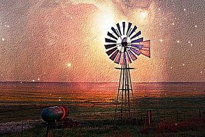 een westelijke windturbine op boerenland mixed media