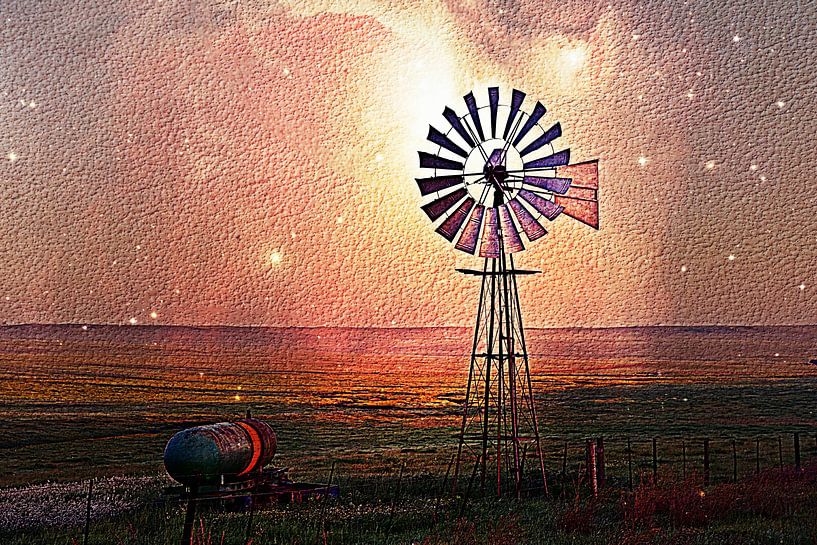 ein Western Windrad auf Farmland mixed media von Werner Lehmann