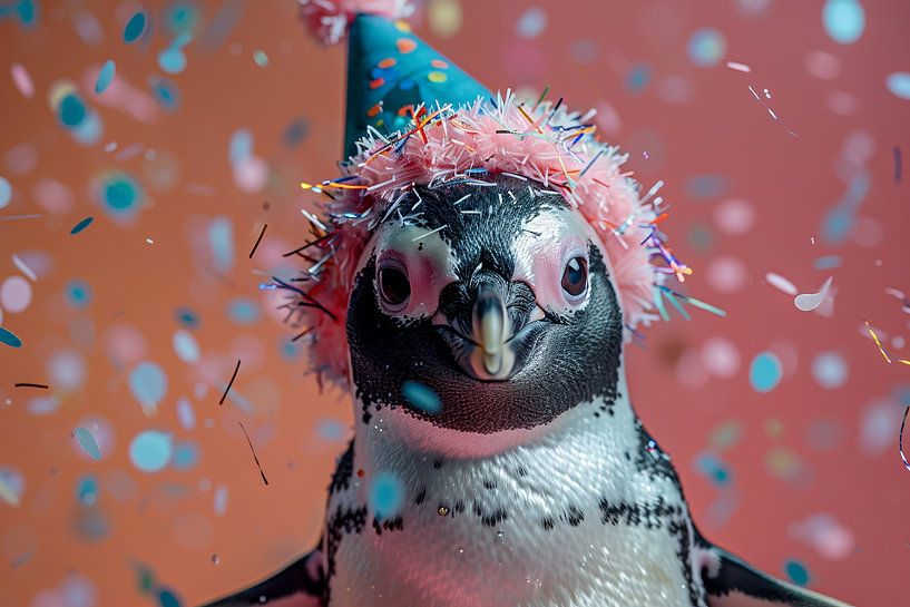 Funny penguin with birthday hat and confetti by Poster Art Shop