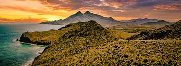 Panorama landscape sunset at Cabo de gata in Andalusia Spain by Dieter Walther