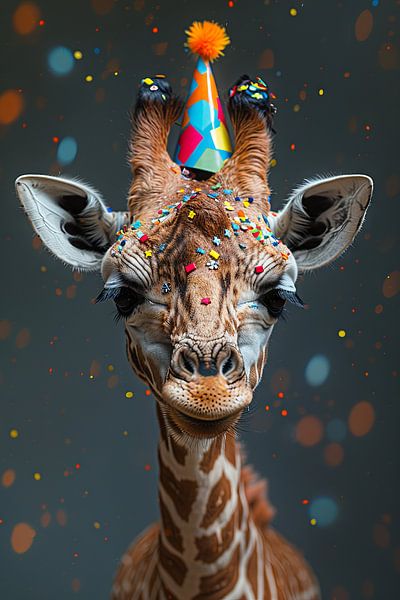 Grappige giraffe viert jaren 60 70 disco verjaardag met taart van Poster Art Shop