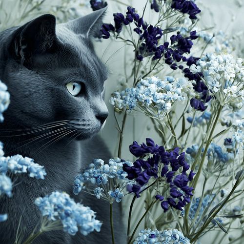 Blauwe Nacht | Statig Kattenportret in Diepblauw en Staalgijs van KRAB