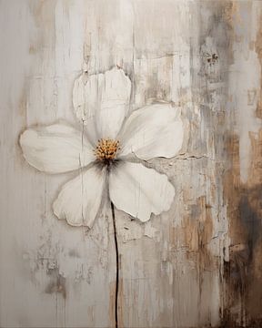 Witte bloem tegen een abstracte achtergrond in aardetinten van Studio Allee