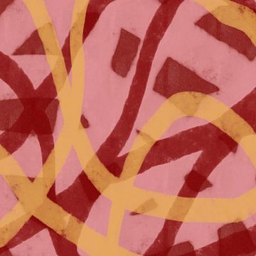 Moderne abstracte kunst. Penseelstreken in geel, roze, wijnrood. van Dina Dankers