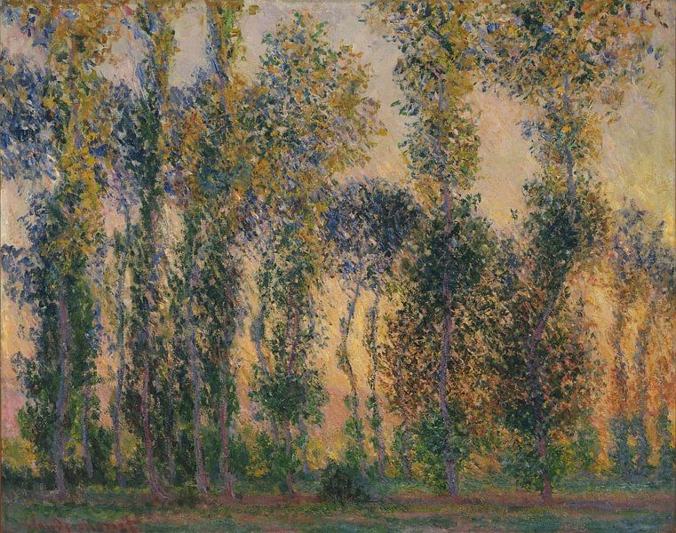 Pappeln in Giverny: Schimmernde Umarmung des Sonnenaufgangs in goldenem Licht von Artistic