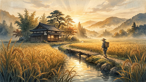 Japanese Golden Harvest Beneath Mountain Sunrise