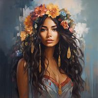 Anmutige Frau mit Blumen und hellen Farben