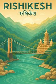 Rishikesh Vintage Poster - Ram Jhula Brücke & Himalaya Fluss Kunst von Travel Shop