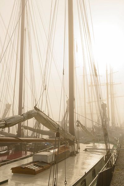 Oude traditionele zeilschepen afgemeerd tijdens een mistige ochtend van Sjoerd van der Wal Fotografie