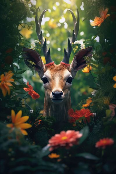 Portrait of a deer in the forest by Digitale Schilderijen
