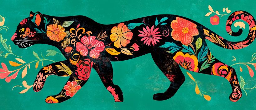 Floral pattern panther on green - Artful by Poster Art Shop