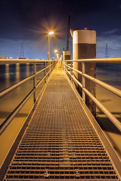 Verlichte pier op grote metalen meerpalen van Tony Vingerhoets