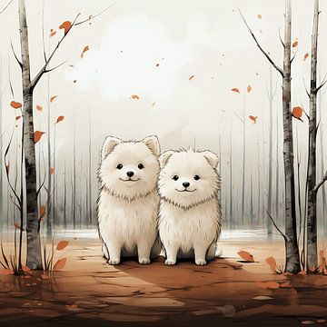 Pyrenese Berghond Puppy Duo in de herfst van Karina Brouwer