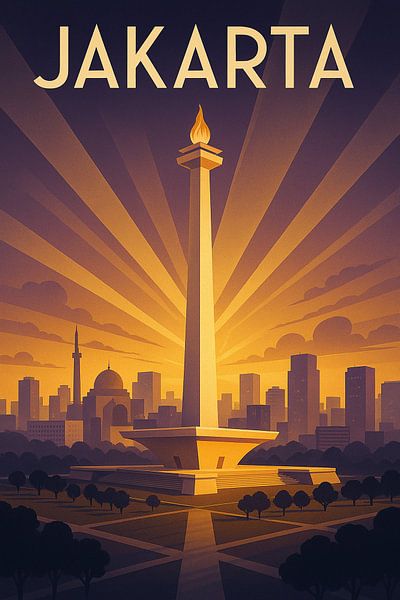 Jakarta Ewiges Licht - Art Deco Monas Monument Poster von Travel Shop