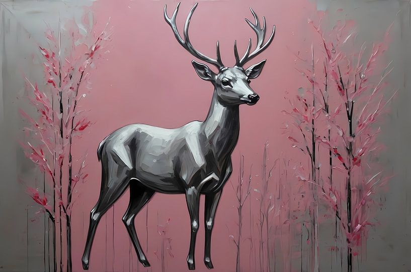 Silberner Hirsch in rosa abstraktem Wald von Art & Soul Creations