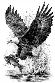 Eagle Catching Fish Detailed Vintage Line Art