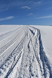 A snowmobile trail under blue skies by Claude Laprise