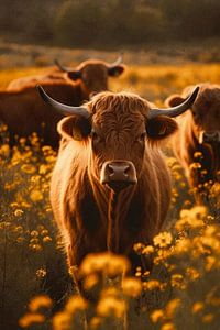 Highland Cows And Yellow Flowers No 2