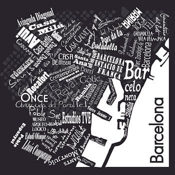 Barcelona in words black and white, typographic diaposit