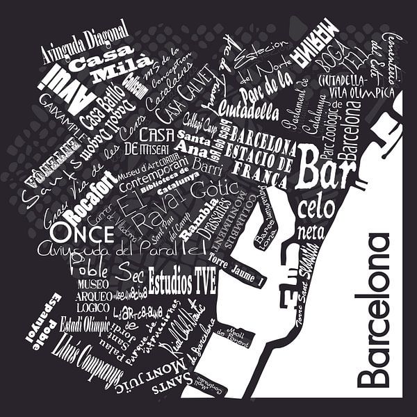 Barcelona in words black and white, typographic diaposit by Muurbabbels Typographic Design