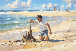 'Op naar het Moment': ein Gemälde, das einen Mann am Strand zeigt, der eine Sandburg baut von Dirk van der Ven