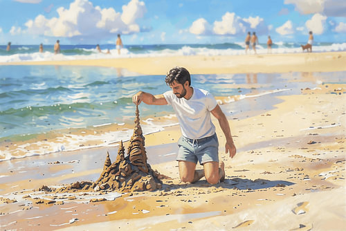 'Towards the Moment': a painting of a man on the beach building a sandcastle
