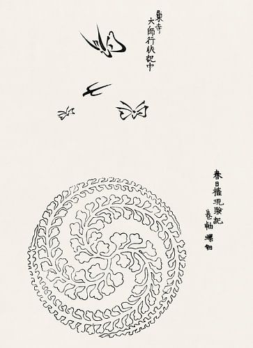 Japanse kunst. Vintage ukiyo-e houtsnede van Tagauchi Tomoki Vlinders en vogels 3