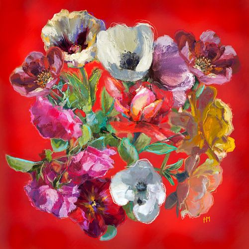 Vrolijk bloemen schilderij vol kleur en expressie van Hella Maas