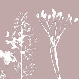 Monotype or monoprint of  grass and branch in old pink. Botanical illu by Dina Dankers