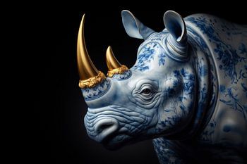 Delft blue porcelain rhinoceros with golden horns and dark background