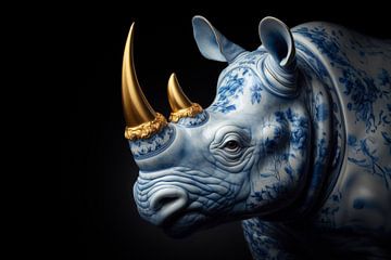 Delftsblauwe porseleinen neushoorn met gouden hoorns en donkere achtergrond van Dutch Art Works