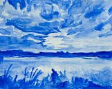 Landschap Aquarel Delfts blauw van Henriëtte Mosselman thumbnail